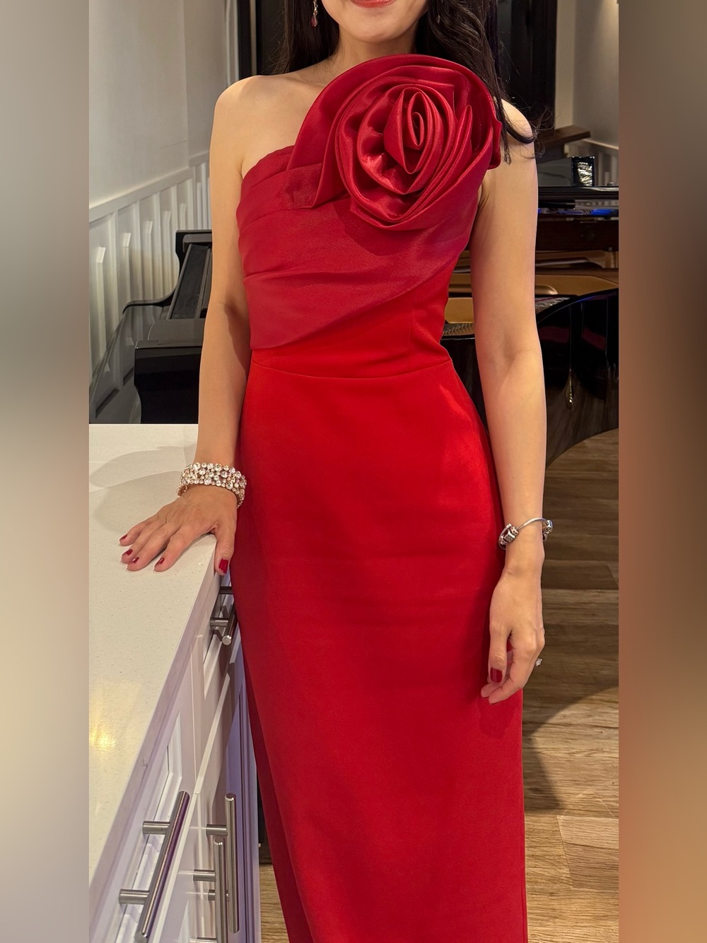One-Shoulder Red Rose Detail Prom Dress